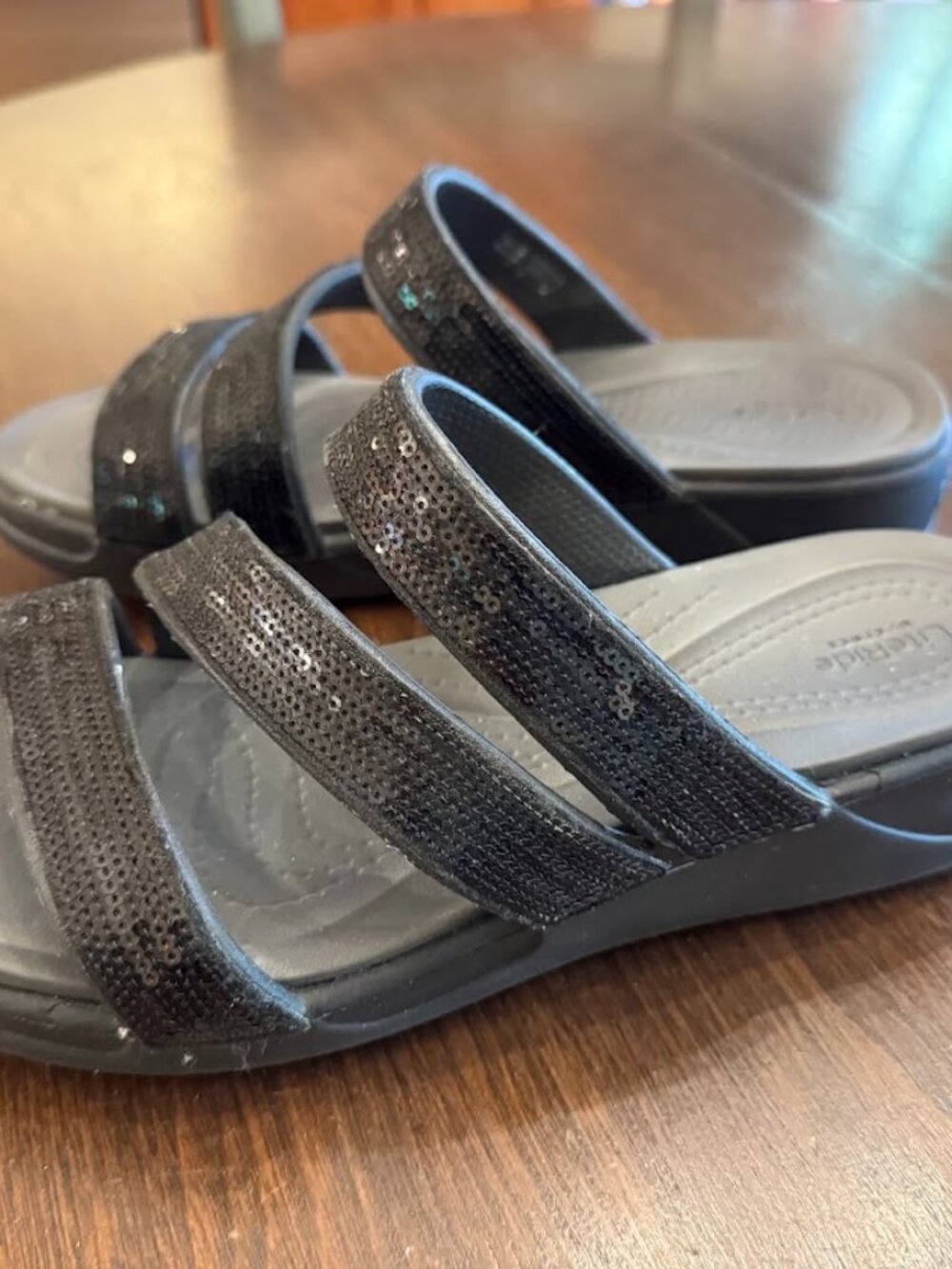 Crocs Boca LiteRide Womens Size 9 Strappy Wedge Sequined Black Sandals